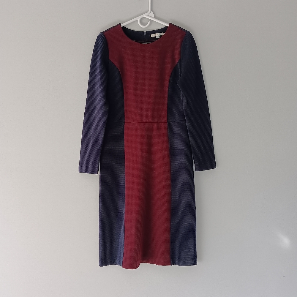Boden Textured Ribbed Midi Shift Dress Long Sleeves Navy Blue Maroon Size 6L